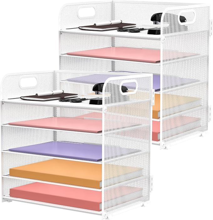 2 Pack 5-Tier White Desk Organizer with Handle Mesh Desk File/Paper Organizer Letter Tray for Office, School and Home Easy Installation by SUPEASY