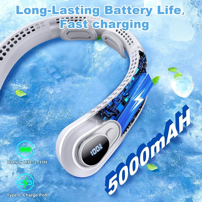 Portable Neck Fan Rechargeable - [with LED Display] 5 Speeds, 5000 mAh Battery Operated Wearable Personal Cooling Bladeless Fan for Outdoor Travel, Gifts for Men Women Kids,Gray - Image 5