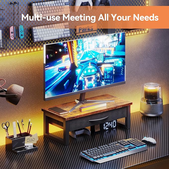 Computer Monitor Stand Riser with Drawer, 2-Tier Desk Accessories & Workspace Organizers, Laptop Stand for Desk with Storage, Office Organization, Wood - Image 8