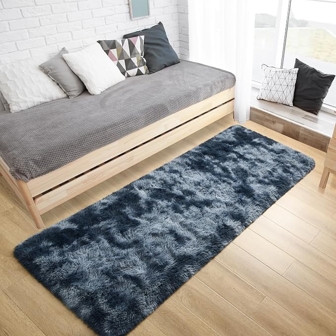 Tepook Soft Runner Rugs for Bedroom Living Room, Fluffy Plush Rug 2x6 for Kids Girls Room, Shag Furry Area Rug Non Slip Carpet for Nursery Children Dorm Home Decor, Tie-dye Dark Blue - Image 4