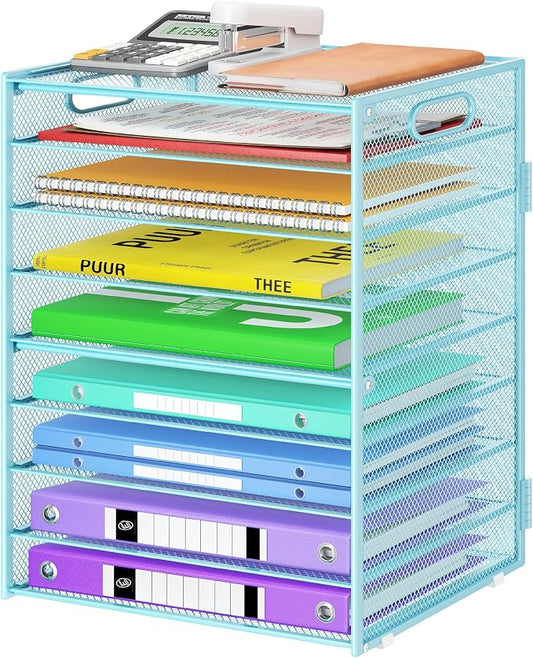 Cawukege 9 Tier Paper Organizer with Handle, Large Capacity Desk Organizer Mesh File Folder Letter Paper Tray Desktop Document Sorter for Classroom, School, and Office Accessories Organization- Blue by Cawukege
