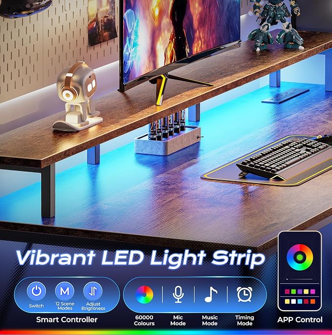 PRAISUN 48 inch Gaming Desk, LED & Outlets, Monitor Stand, Rustic Brown | Sturdy PC Desk for Home Office, Study & Work, LED Lights, 4 AC Outlets & USB-C Charging Station - Image 6