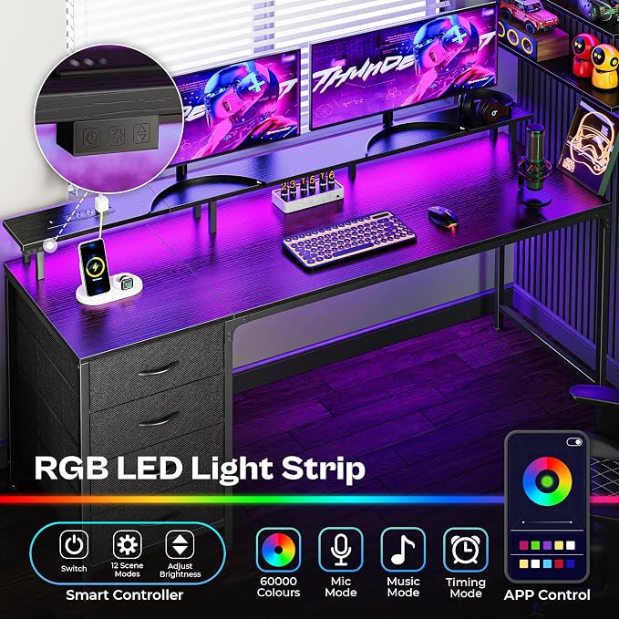Huuger 63 Inch Computer Desk with Power Outlets and LED Lights, Gaming Desk with 4 Drawers, Office Desk with Monitor Stand, Study Desk Work Desk for Home Office, Black - Image 3