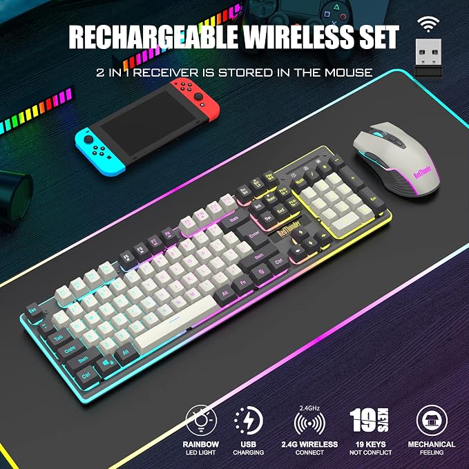 RedThunder K10 Pro Wireless Gaming Keyboard and Mouse Combo, RGB Backlit Rechargeable 3800mAh Battery, Mechanical Feel Anti-ghosting Keyboard + 7D 3200DPI Mice for PC Gamer(White Gray) - Image 2