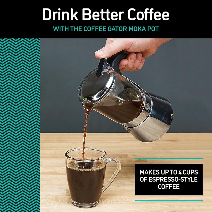 Coffee Gator 4 Cup Moka Pot, 6.7oz Stovetop Espresso Maker for Italian Coffee, Transparent Glass & Stainless Steel Design, Silver, 200ml - Image 6