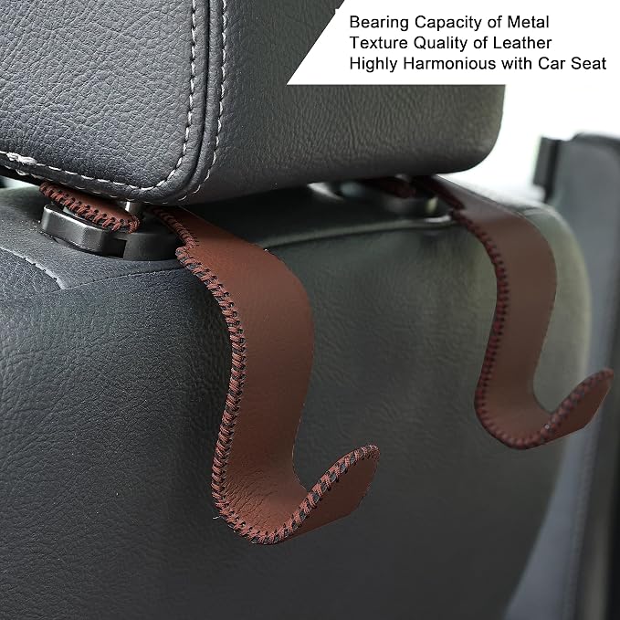 Amooca Car Seat Headrest Hook 4 Pack Metal Core Hanger Universal Car Storage Organizer for Handbag Purse Coat S Type Leather Brown - Image 4