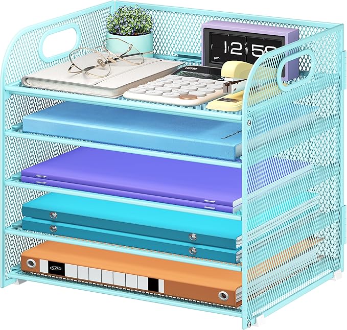 Cawukege 5 Tier Paper Organizer with Handle, Blue Metal Mesh Desk Organizer File Folder Paper Letter Tray Desktop Document Sorter for Classroom, School, Office Accessories Organization and Storage by Cawukege