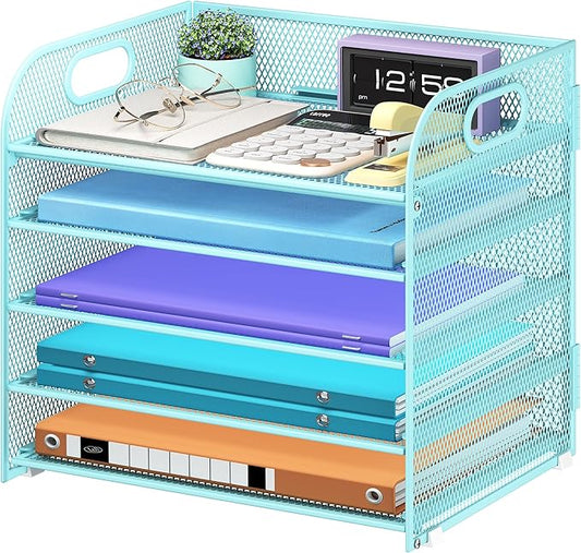Cawukege 5 Tier Paper Organizer with Handle, Blue Metal Mesh Desk Organizer File Folder Paper Letter Tray Desktop Document Sorter for Classroom, School, Office Accessories Organization and Storage by Cawukege