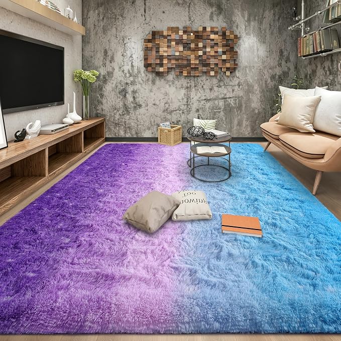 Tepook Fluffy Large Rugs for Living Room, Area Rug 6x9 Soft Carpet for Bedroom, Modern Shaggy Rug for Kids Boys Girls, Plush Indoor Nursery Home Decor Rug with Non-Slip Bottom, Purple and Blue - Image 3