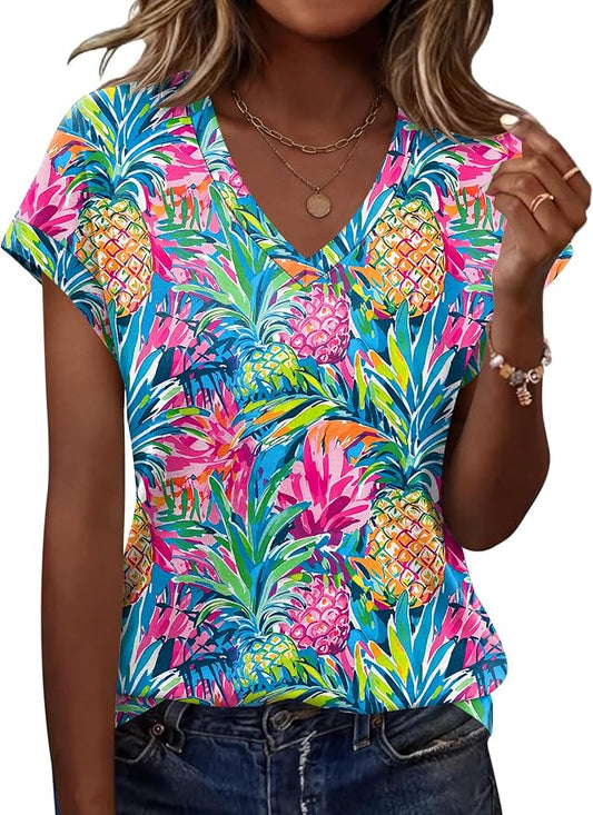 Rapbin Womens Summer Tops Women Blouses Dressy Casual V Neck T Shirts Short Sleeve Spring Tops for Women by RAPBIN