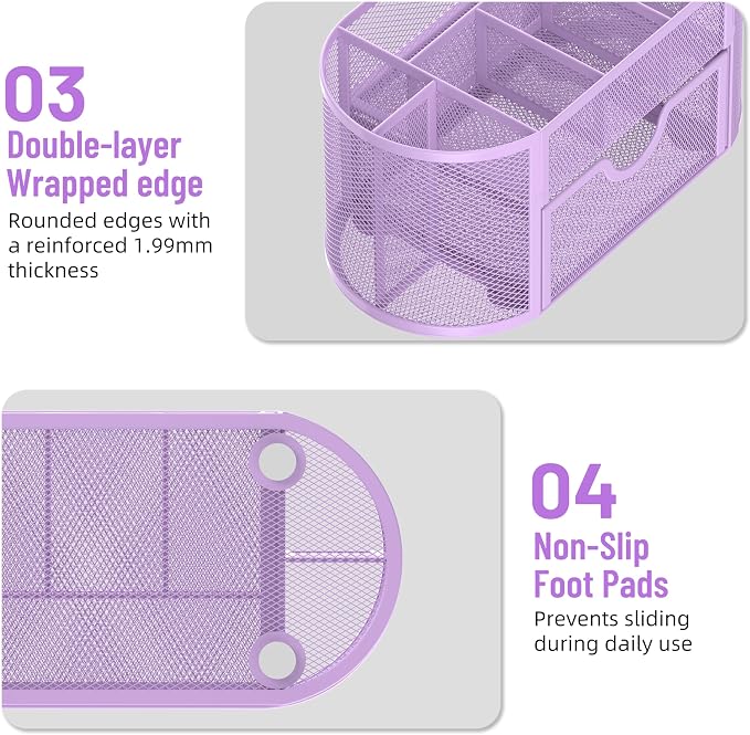 Mesh Desk Organizer with Drawer, 9-Compartment Pen Holder for Desk, Purple | Pull-Out Drawer Stores Pens, Pencils, Clips, Notes, and Small Office or School Supplies in One Compact Desk Caddy - Image 6