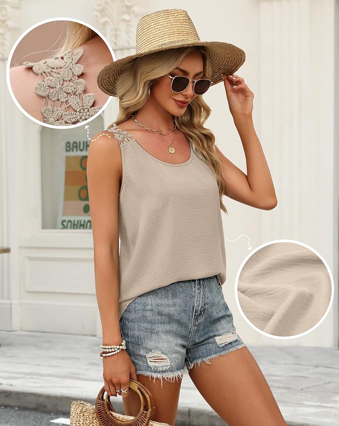 OFEEFAN Tank Top for Women Loose Fit Crew Neck Sleeveless Shirts Strap Lace Camisole Chiffon Summer Tops Curved Hem - Image 4