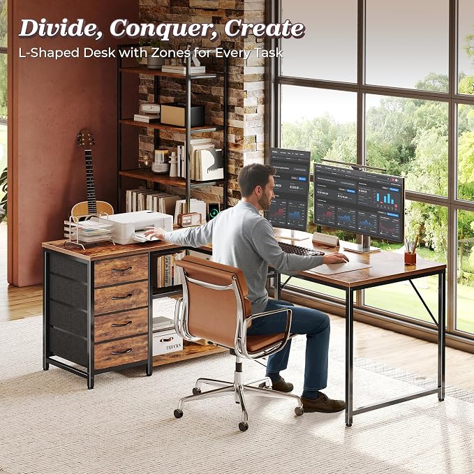 PRAISUN 53" L Shaped Desk with Power Outlets & USB-C Port, Reversible Computer Corner Office Desk with 4 Fabric Drawers and 2 Storage Shelves, Large Desk for Gaming Writing Work Study, Rustic Brown - Image 3