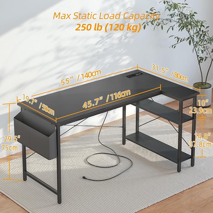 TIQLAB L Shaped Computer Desk with Power Outlets, 55 Inch Small Corner Desk with Reversible Shelves, Gaming Desk Computer Table Study Writing Table for Home Office Bedroom Small Space, Black - Image 3