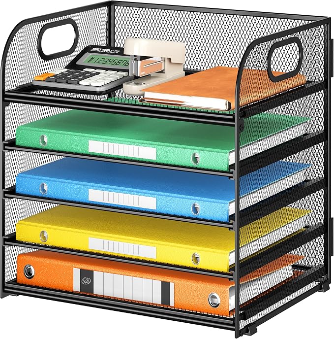 Lavatino 5 Tray Desk File Organizer, Black Mesh Paper Sorter Letter Tray Organizer with Handle, Desktop File Organizer and Storage for Letter/A4 Office File Folder by Lavatino