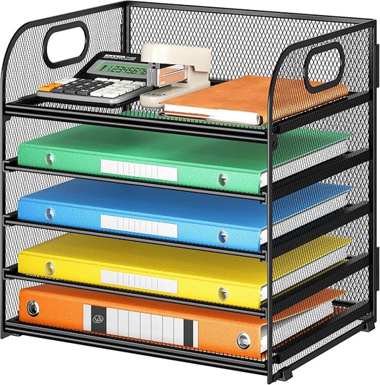 Lavatino 5 Tray Desk File Organizer, Black Mesh Paper Sorter Letter Tray Organizer with Handle, Desktop File Organizer and Storage for Letter/A4 Office File Folder by Lavatino