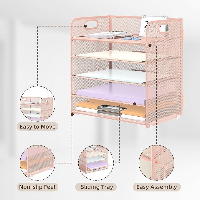 Supeasy 5 Trays Paper Organizer Letter Tray with Handle-Mesh Desk File Holders, Paper Sorter Desk Organizer for Office, Home, Classroom or School, Pink - Image 3