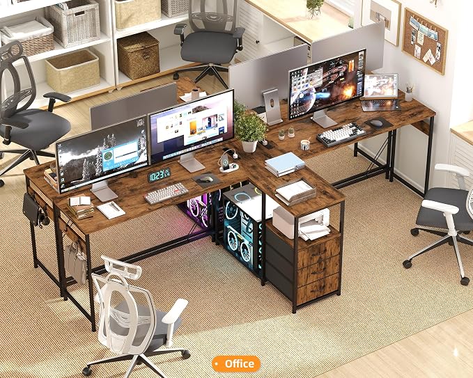 YOSHOOT 2 Person Computer Desk, 87" Long Gaming Desk for 2 People | Double Desk with 3 Fabric Drawers and 2 Power Outlets, Home Office Table for Adults and Teenagers, Rustic Brown - Image 7