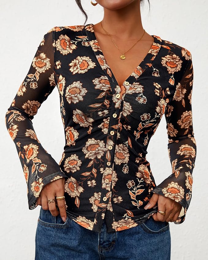 BTFBM Button Down Shirts for Women 2026 Fall Boho Tops V Neck Long Sleeve Blouses Ruched Mesh Fitted Fashion Clothing - Image 7