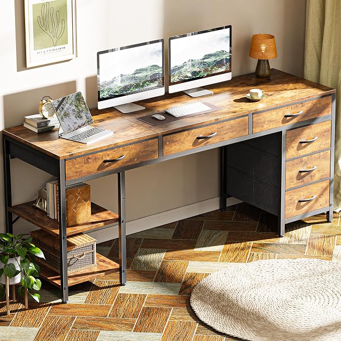 Huuger Computer Desk with 6 Drawers, Office Desk with Shelves, Reversible Gaming Desk, Large Corner Desk with Storage, Work for Home Office, Study, Living Room, 63inch, Rustic Brown - Image 8