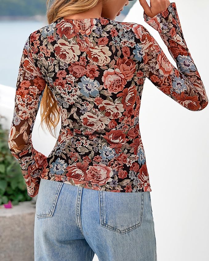 BTFBM Button Down Shirts for Women 2026 Fall Boho Tops V Neck Long Sleeve Blouses Ruched Mesh Fitted Fashion Clothing - Image 3