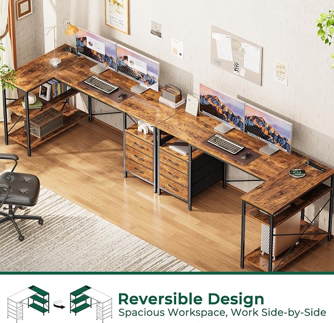 Huuger L Shaped Office Desk with Power Outlets, 55 Inch Computer Desk with 3 Drawers, Shelves, Reverisble for Gaming Corner Work Home Office Study, Rustic Brown - Image 4