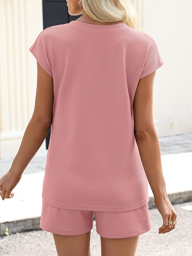 ANRABESS Womens Waffle Knit 2 Piece Short Sets Cap Sleeve Summer 2026 Matching Lounge Outfits Travel Beach Vacation Sweatsuit - Image 4