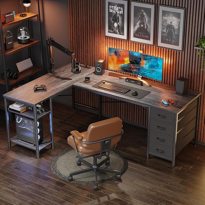 Huuger 55 Inch L Shaped Desk with Fabric Drawers, Reversible Computer Gaming Desk with Power Outlets and USB-C Port, Adjustable Side Storage Shelves, for Work Study Corner Home Office, Grey,1CD078H - Image 4