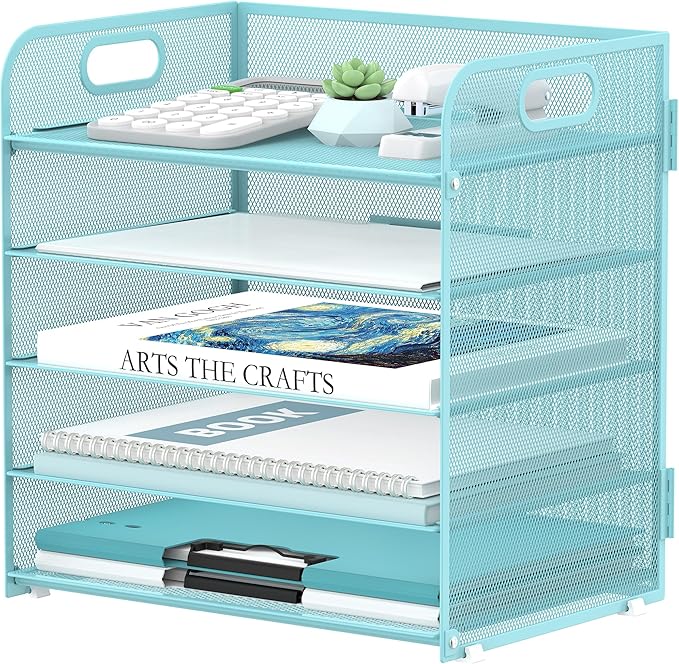 Supeasy 5 Trays Paper Organizer Letter Tray with Handle-Mesh Desk File Organizer, Paper Sorter Desk Organizer for Office, Home or School (Light Blue) by SUPEASY