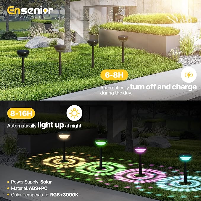 Ensenior Solar Pathway Lights IP65 Waterproof, RGB Color Changing & 6500K Cool White, 8-16Hr Runtime, Flower Pattern Garden Lights for Walkway Porch Yard - 6 Pack - Image 3