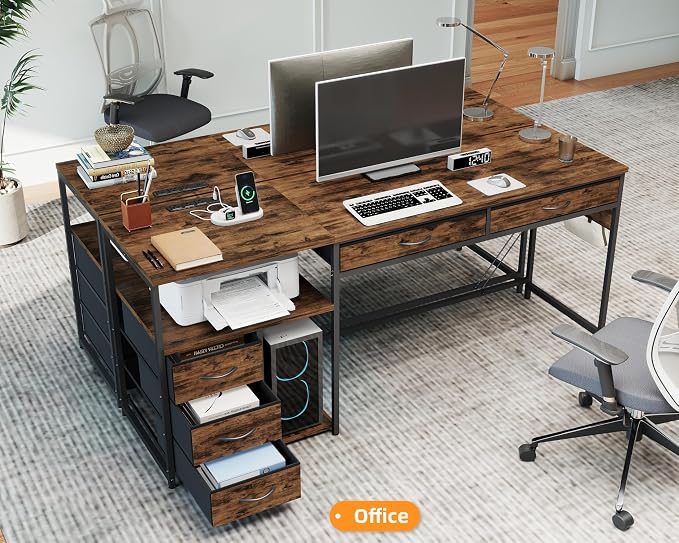 YOSHOOT 60" Computer Desk with 5 Fabric Drawers, Gaming Desk Table | Desk with Storage and Power Outlets, for Adults and Teenagers Working Writing Study, Rustic Brown - Image 2