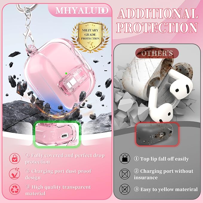 for AirPods 4th Generation Case Cover 2024, Military-Grade Shockproof Transparent Anti-Yellowing, Charging Port Dust-Proof & Stand Design with Cleaning Kit for AirPods 4 Case, Crystal Pink - Image 4