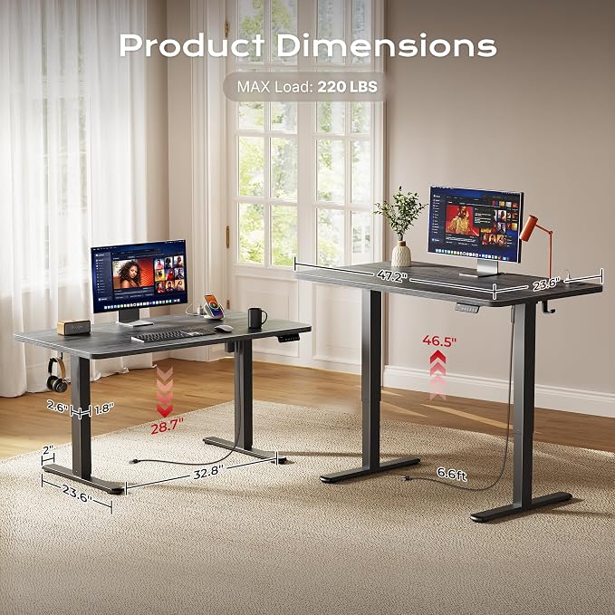 Huuger Electric Standing Desk with Power Outlets and USB-C Port, 47 X 24 Inch Height Adjustable Desk, Sit Stand Desk for Home Office, Computer & Gaming Desk with 4 Presets, Stable Steel Frame, Grey - Image 5
