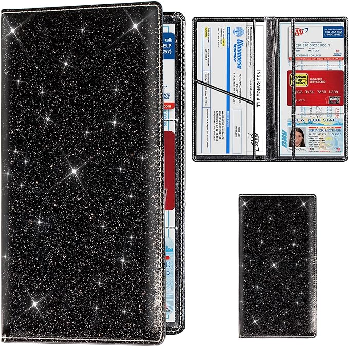 TOURSUIT Car Registration & Insurance Card Holder, Glitter Black | Vehicle License Document Organizer, Glove Box Compartment, Interior Car Accessories, For Women Men by TOURSUIT