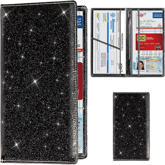 TOURSUIT Car Registration & Insurance Card Holder, Glitter Black | Vehicle License Document Organizer, Glove Box Compartment, Interior Car Accessories, For Women Men by TOURSUIT
