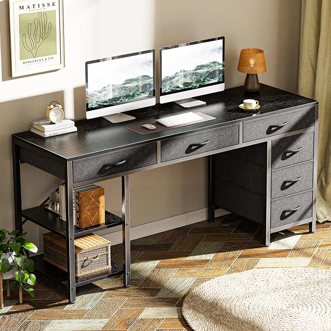 Huuger Computer Desk with 6 Drawers, Office Desk with Shelves, Reversible Gaming Desk, Corner Desk with Storage, Work for Home Office, Study, Living Room, 54inch, Black - Image 8
