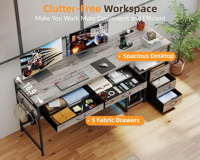 YOSHOOT 60" Computer Desk with 5 Fabric Drawers, Gaming Desk Table | Desk with Storage and Power Outlets, for Adults and Teenagers Working Writing Study, Grey - Image 8