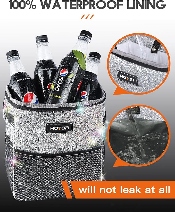 HOTOR Car Trash Can with Lid and Storage Pockets - 100% Leak-Proof Organizer, Waterproof Garbage Can, Multipurpose Trash Bin for Car, 2 Gallons, Sparkle White - Image 5