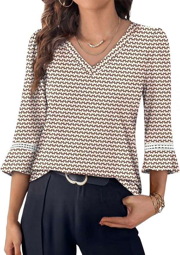 WIHOLL Womens Blouses Dressy Casual 3/4 Length Sleeve Tops Lace Trendy 2026 Spring Summer V Neck Shirts Vacation Outfits - Image 2