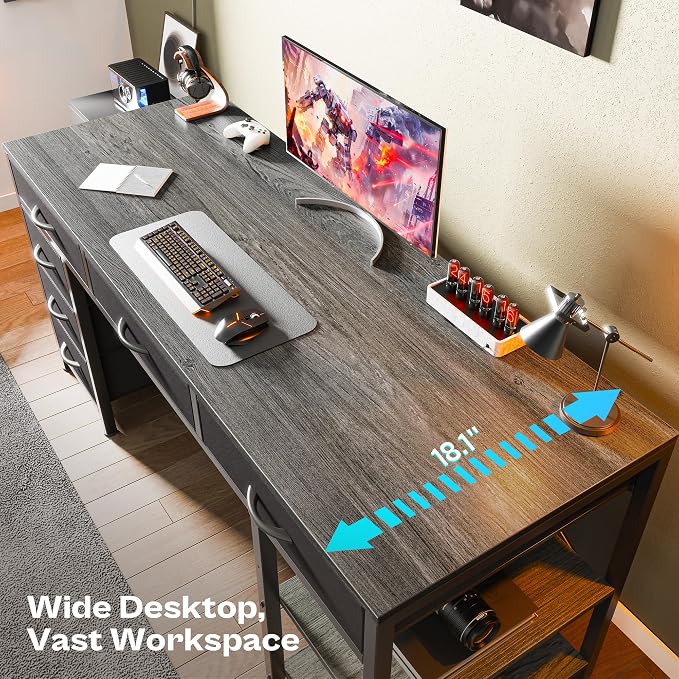 Huuger Computer Desk with 6 Drawers, Office Desk with Shelves, Reversible Gaming Desk, Corner Desk with Storage, Work for Home Office, Study, Living Room, 54inch, Grey - Image 4