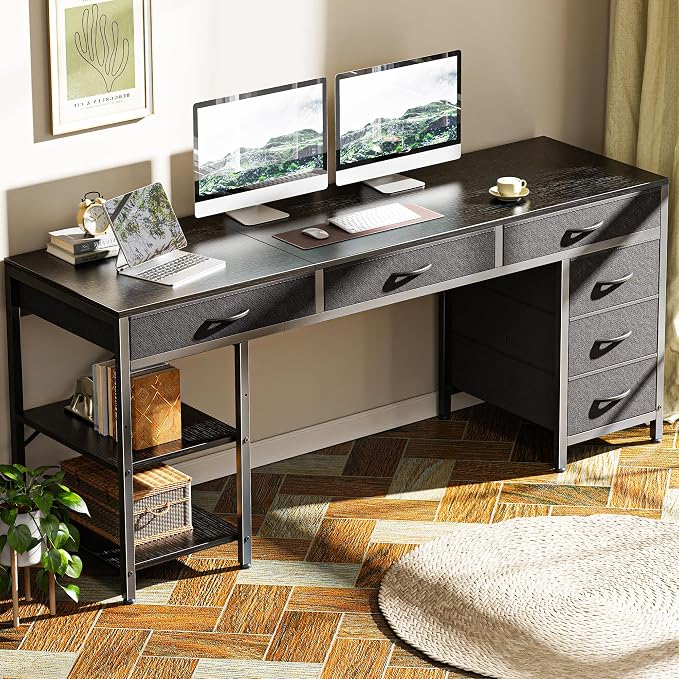 Huuger Computer Desk with 6 Drawers, Office Desk with Shelves, Reversible Gaming Desk, Corner Desk with Storage, Work for Home Office, Study, Living Room, 63inch, Black - Image 9