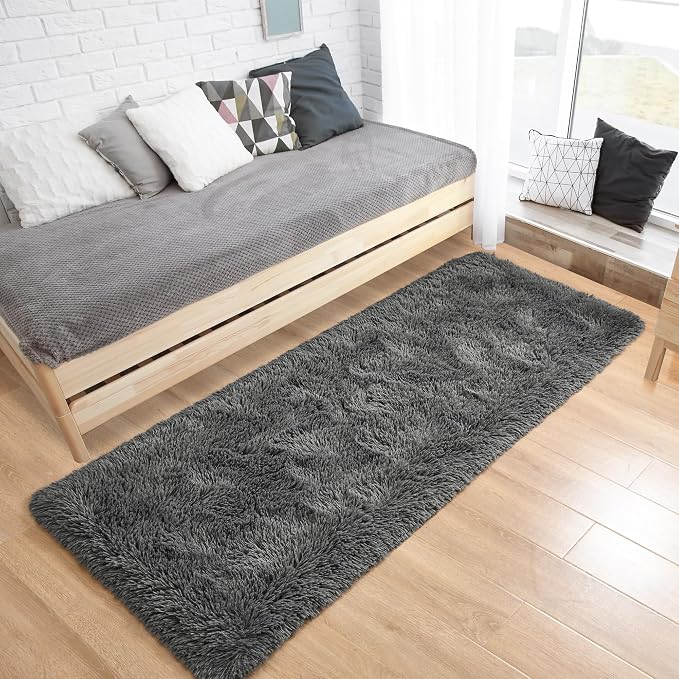 Tepook Fluffy Runner Rugs for Bedroom Aesthetic 2x6 Feet, Shag Soft Bedside Rug with Non-Slip Bottom, Fuzzy Plush Carpet for Room, Hallway Rug for Nursery Dorm Indoor Home Decor, Dark Grey - Image 8