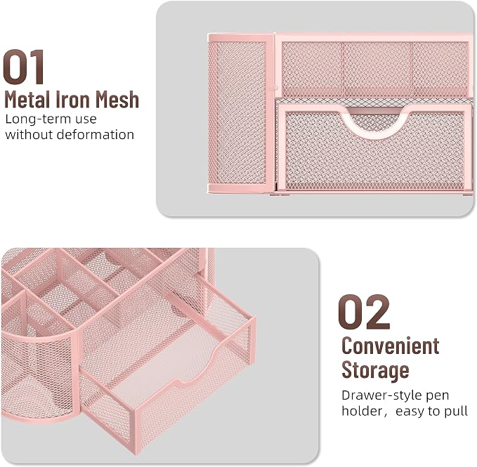 Mesh Desk Organizer with Drawer, 9-Compartment Pen Holder for Desk, Pink | Pull-Out Drawer Stores Pens, Pencils, Clips, Notes, and Small Office or School Supplies in One Compact Desk Caddy - Image 5