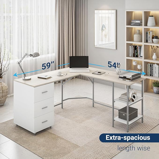 Techni Mobili 59" Two-Tone L‑Shaped Office Desk with Storage Shelves, Sand | 59" two‑tone L‑shaped desk with storage shelves, durable frame, modern corner workstation, spacious home office writing space - Image 5