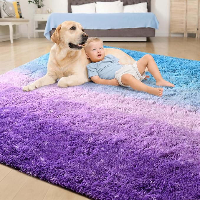 Tepook Fluffy Large Rugs for Living Room, Area Rug 6x9 Soft Carpet for Bedroom, Modern Shaggy Rug for Kids Boys Girls, Plush Indoor Nursery Home Decor Rug with Non-Slip Bottom, Purple and Blue - Image 4