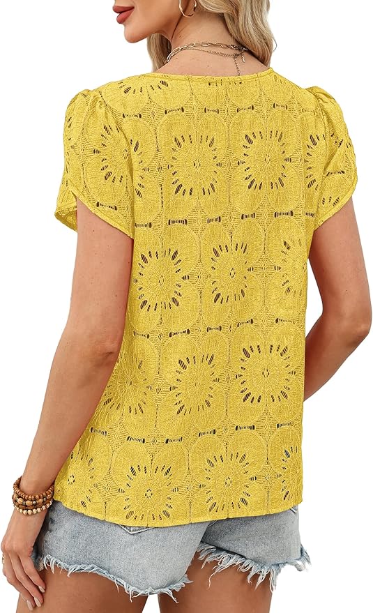 OFEEFAN Blouses for Women Dressy Casual Petal Short Sleeve Shirts Crochet Lace Boho Tops Spring Fashion Summer Outfits - Image 5