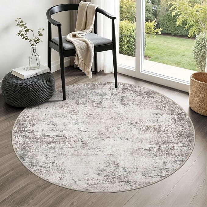 Round Area Rug for Living Room: 4 ft Washable Modern Abstract Soft Thin Rug Indoor Floor No Slip Stain Resistant Carpet for Bedroom Dining Room Farmhouse Nursery Home Office - Brown Grey by FXRHLP
