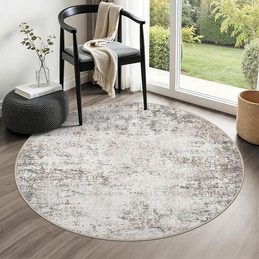 Round Area Rug for Living Room: 4 ft Washable Modern Abstract Soft Thin Rug Indoor Floor No Slip Stain Resistant Carpet for Bedroom Dining Room Farmhouse Nursery Home Office - Brown Grey by FXRHLP