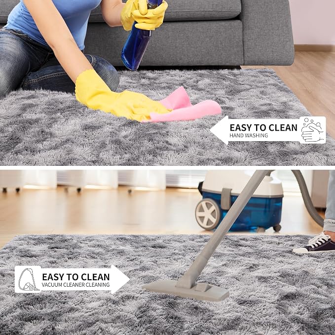 Tepook Soft Fluffy Rugs for Living Room, 5x8 Shaggy Area Rug for Bedroom, Modern Shag Rug Fuzzy Carpets for Kids, Plush Indoor Nursery Home Decor Rug with Non-Slip Bottom, Tie-dye Light Grey - Image 6
