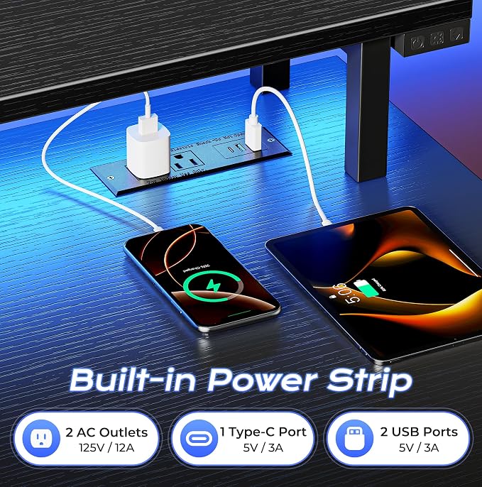 PRAISUN 40 inch Gaming Desk, LED & Power Outlets, Monitor Stand, Black | Sturdy PC Desk for Home Office, Study & Work, LED Lights, 4 AC Outlets & USB-C Charging Station - Image 5